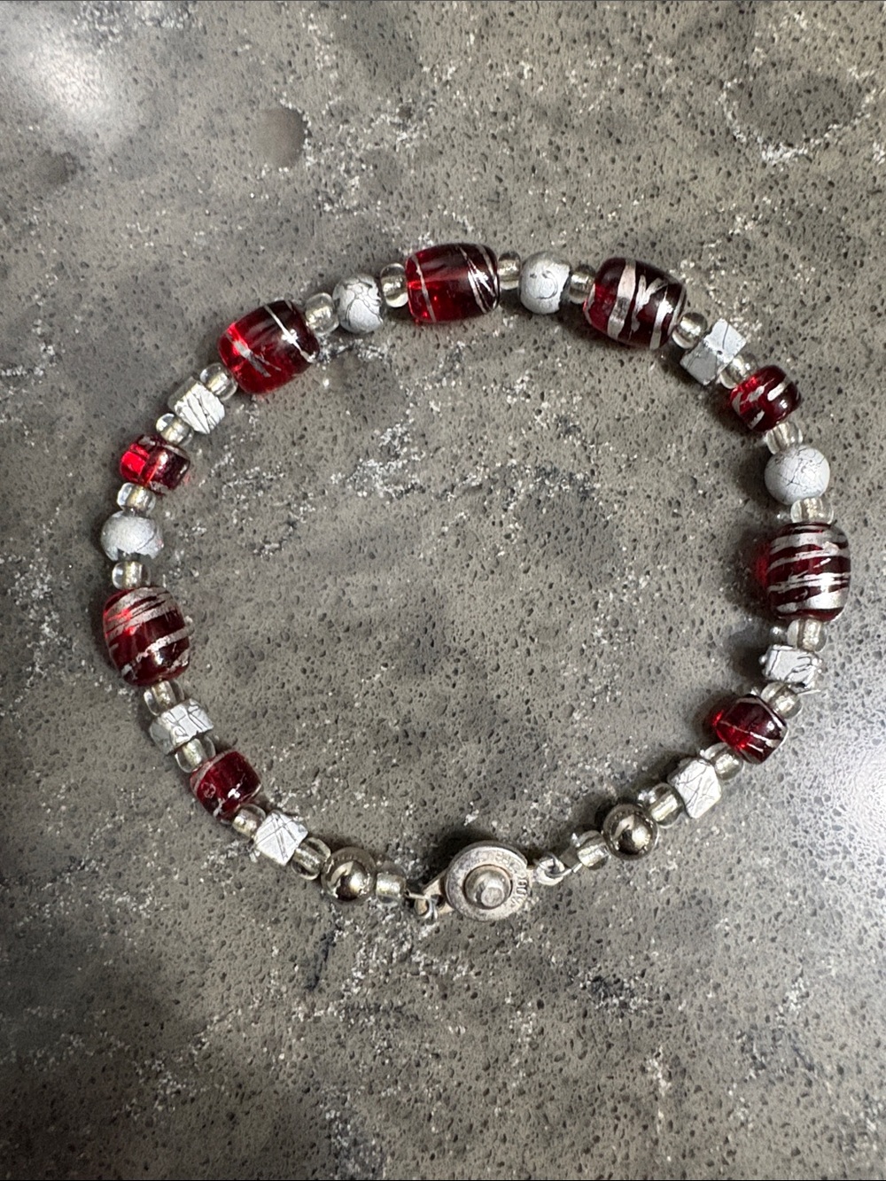 Red Glass Bead & Silver Accent Bracelet